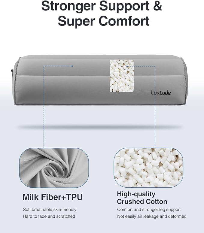 Luxtude Inflatable Bolster Pillow for Legs, Half Moon Pillow Knee Pillow for Back Sleeping, Leg Pillow for Side Sleeping, Leg Elevation Pillow for Knee Support, Lower Back & Head, Ankle and Foot