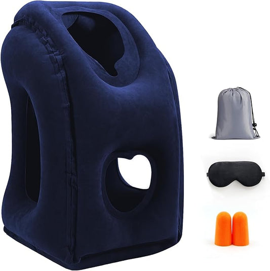 Inflatable Travel Pillow for Airplanes, Airplane Pillow for Supports Neck, Used for Planes, Trains, Cars, Includes Storage Bag, Eye Mask & Earplugs (Blue)