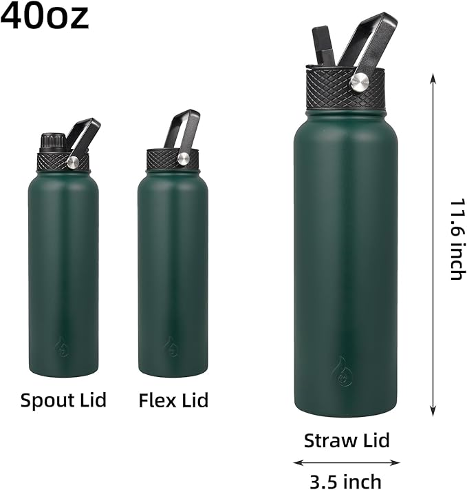BJPKPK Insulated Water Bottles with Straw Lid, 40oz Stainless Steel Metal Water Bottle with 3 Lids, Reusable Thermo, Keep Cold Hot for Sports, Gym-Army Green