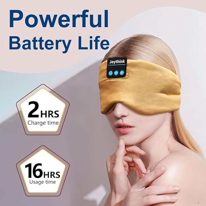 Joythink Sleep Headphones Bluetooth Sleep Mask Silk Headband Earphones Bluetooth Eye Mask for Sleeping On Side Blackout Soft Sleep Earphones Kids Children Music Eye Cover Champagne Gold