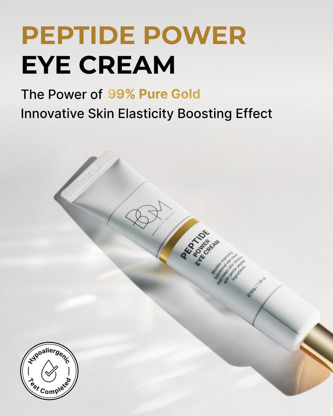 bom COSMETICS Peptide Power Eye Cream 1.05 Fl Oz, Penta-Peptide and 99% Pure Gold Lightweight Eye Cream for Skin Collagen Boost to Reduces Fine Lines, Wrinkles, Enhances Elasticity, Korean Skin Care