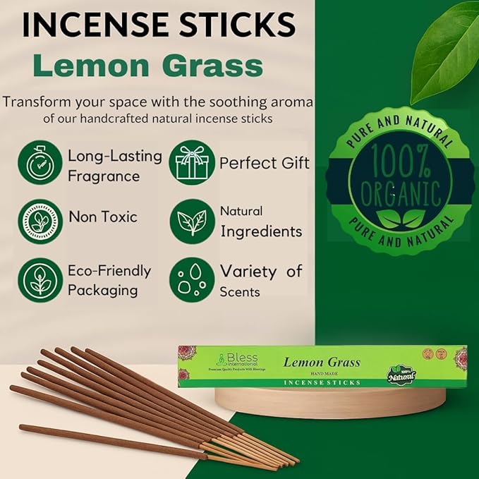 Bless-Lemon-Grass 100%-Natural-Handmade-Hand-Dipped-Incense-Sticks Organic-Chemicals-Charcoal-Free Purification-Relaxation-Positivity-Yoga-Meditation Best-Woods-Scent (80 Sticks (4.20 OZ))