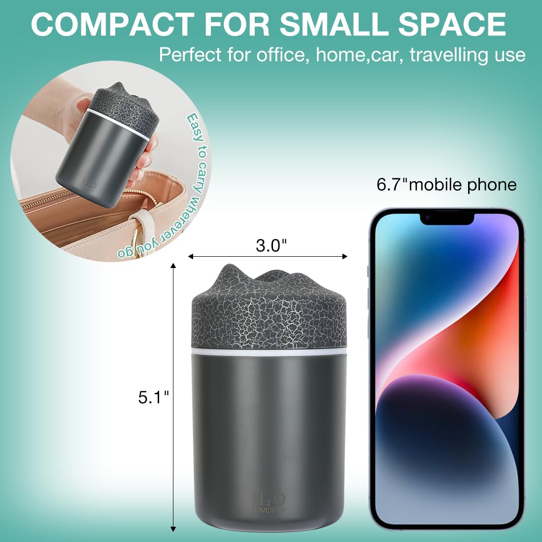 Portable Mini Humidifier, 300ml USB Personal Desktop Small Humidifier, Cool Mist Humidifiers for Bedroom Car Office Travel, Auto Shut-Off, 2 Mist Modes Quiet (Grey)