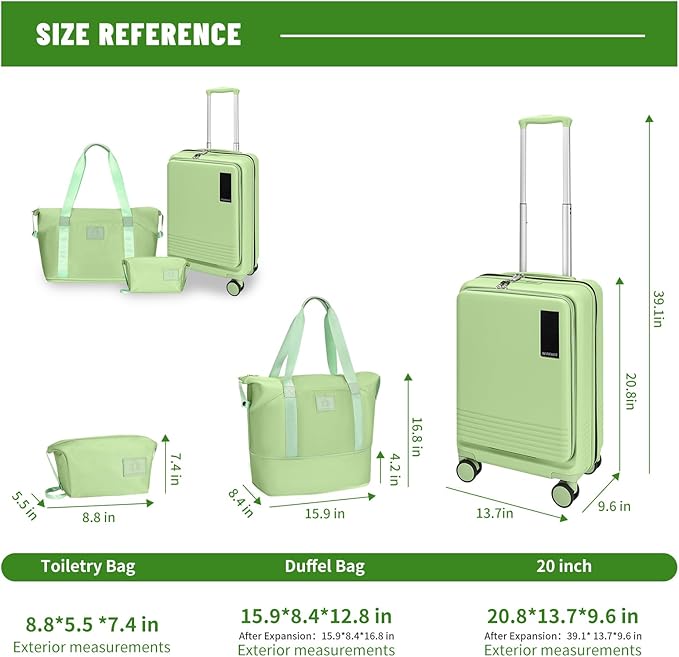 20 inch Carry On Luggage Front Open Pocket Extension Bag, ABS+PC Suitcase with Spinner Wheels TSA Lock & YKK Zipper, 20in/Toiletry Bag/Handbag, Light Avocado Green