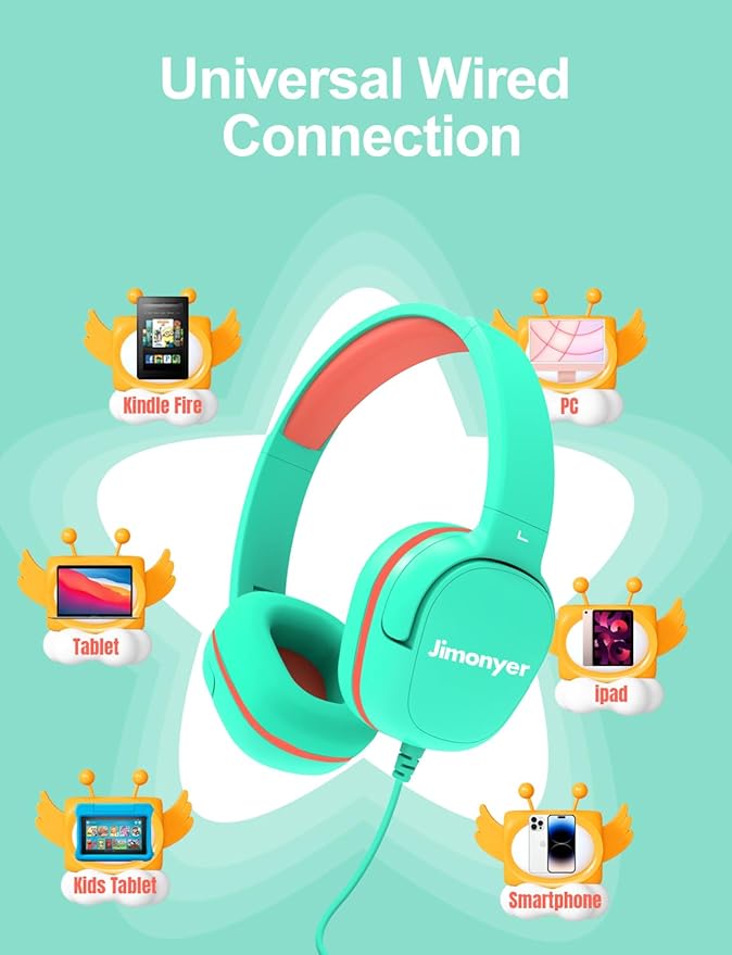 Kids Headphones for School, 3.5mm Jack Wired Headphones for Kids with Safe Volume Limiter, HD Stereo Sound On-Ear Girls Boys Toddler Headphone for Tablet, iPad, Kindle(Green)