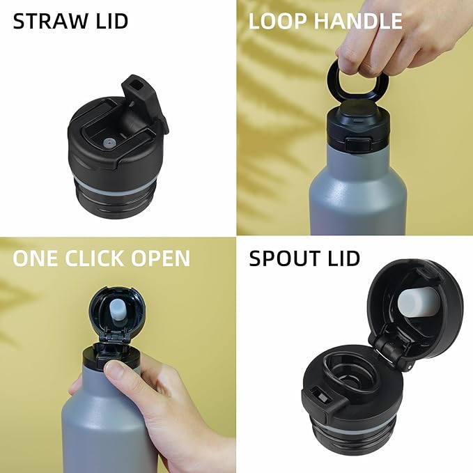BJPKPK Insulated Water Bottle With Straw 25oz Stainless Steel Water Bottles With 2 Lids And Carry Handle Reusable Travel Metal Thermo,Grey