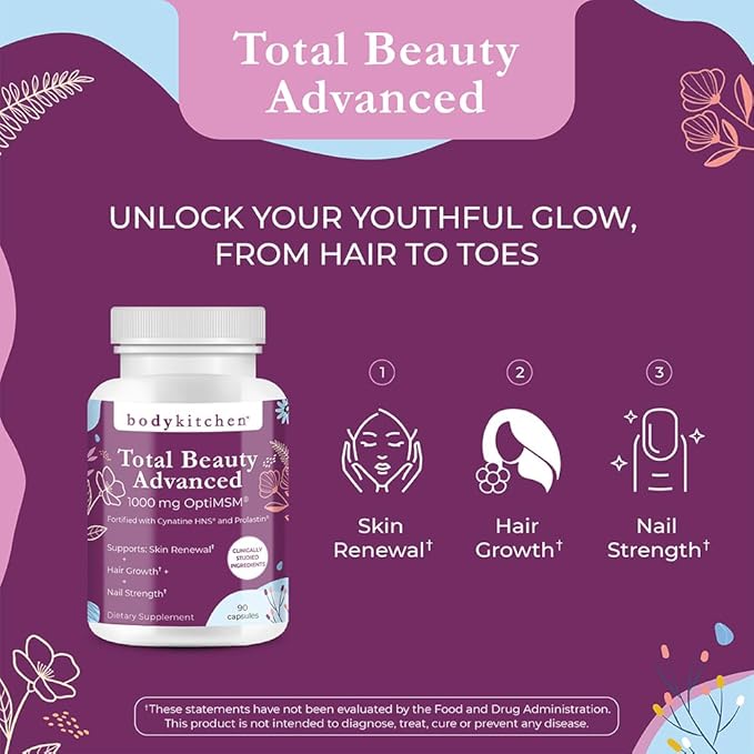 Body Kitchen Total Beauty Advanced, Contains Elastin, Keratin, Biotin and Hyaluronic Acid, Supports Hair Growth, Skin Renewal, Nail Strength, Veggie Caps, 90 Count