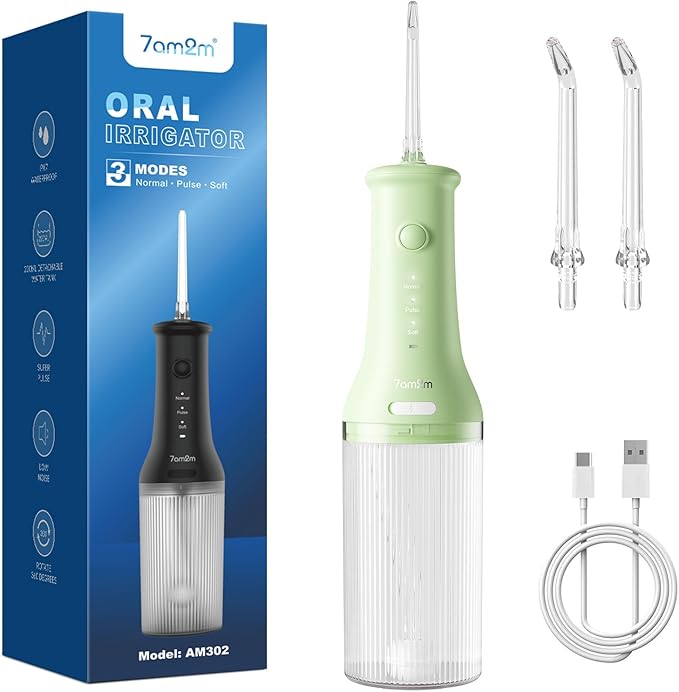 7AM2M Portable Water Flosser Cordless, Water Flosser for Teeth with 3 Modes and 2 Jet Tips, USB C Rechargeable, IPX7 Waterproof, Dental Water Flosser for Travel and Home Use (Green)