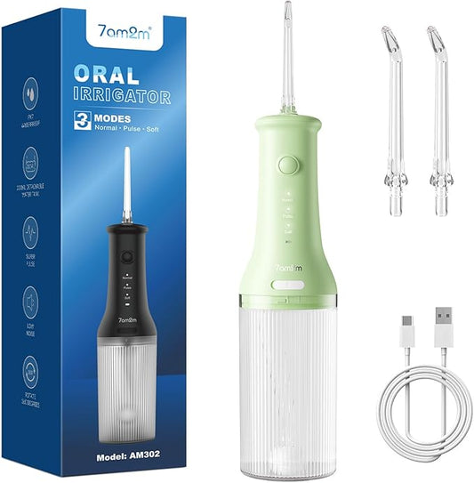 7AM2M Portable Water Flosser Cordless, Water Flosser for Teeth with 3 Modes and 2 Jet Tips, USB C Rechargeable, IPX7 Waterproof, Dental Water Flosser for Travel and Home Use (Green)