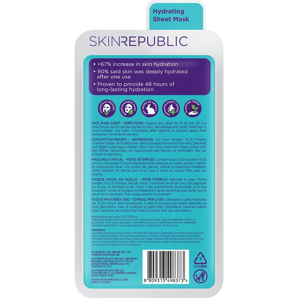 Skin Republic Hyaluronic Acid + Collagen Sheet Mask. Clinically Proven to Provide 48-Hours of Long-Lasting Hydration. Made in Korea. 3 Pack.