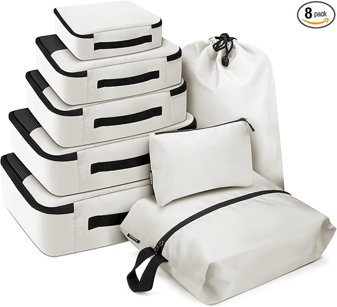 8 PCS Compression Packing Cubes for Travel Women, Compression Bags Organizer for Luggage Space Saving Travel Essentials and Carry on, Luggage Organizer Bags for Suitcase - Beige