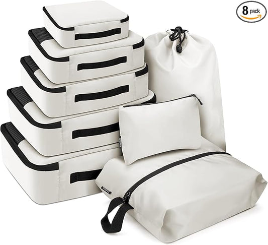 8 PCS Compression Packing Cubes for Travel Women, Compression Bags Organizer for Luggage Space Saving Travel Essentials and Carry on, Luggage Organizer Bags for Suitcase - Beige