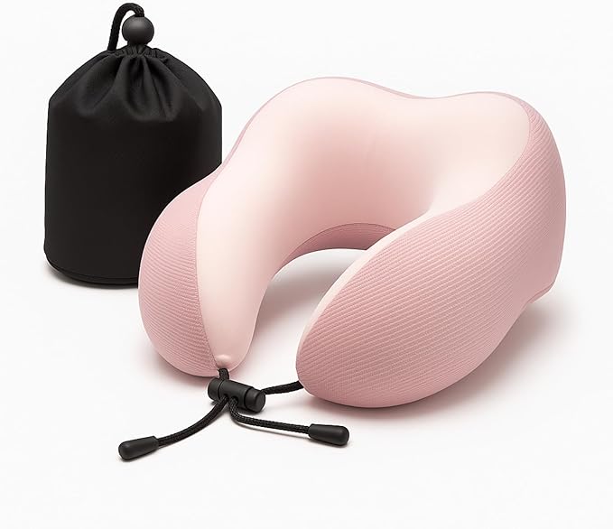 Neck Pillow for Traveling Neck Support with Cooling Ice Silk Cover, High-Density and Relatively Hard Support Machine Washable and Travel-Friendly U-Shaped Memory Foam Pillow for Airplane, Car(Pink)