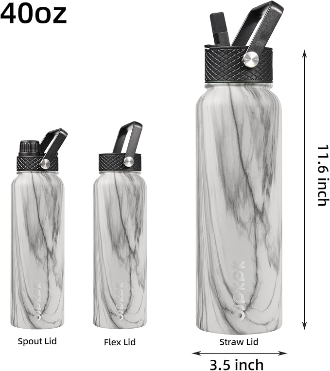 BJPKPK Insulated Water Bottles with Straw Lid, 40oz Stainless Steel Water Bottles with 3 Lids, BPA Free Leakproof Thermo, Tumblers, Cups for Sports, Gym- White Birch