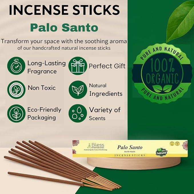 Bless-Palo-Santo 100%-Natural-Handmade-Hand-Dipped-Incense-Sticks Organic-Chemicals-Charcoal-Free Purification-Relaxation-Positivity-Yoga-Meditation Best-Woods-Scent (100 Sticks (5.25 OZ))