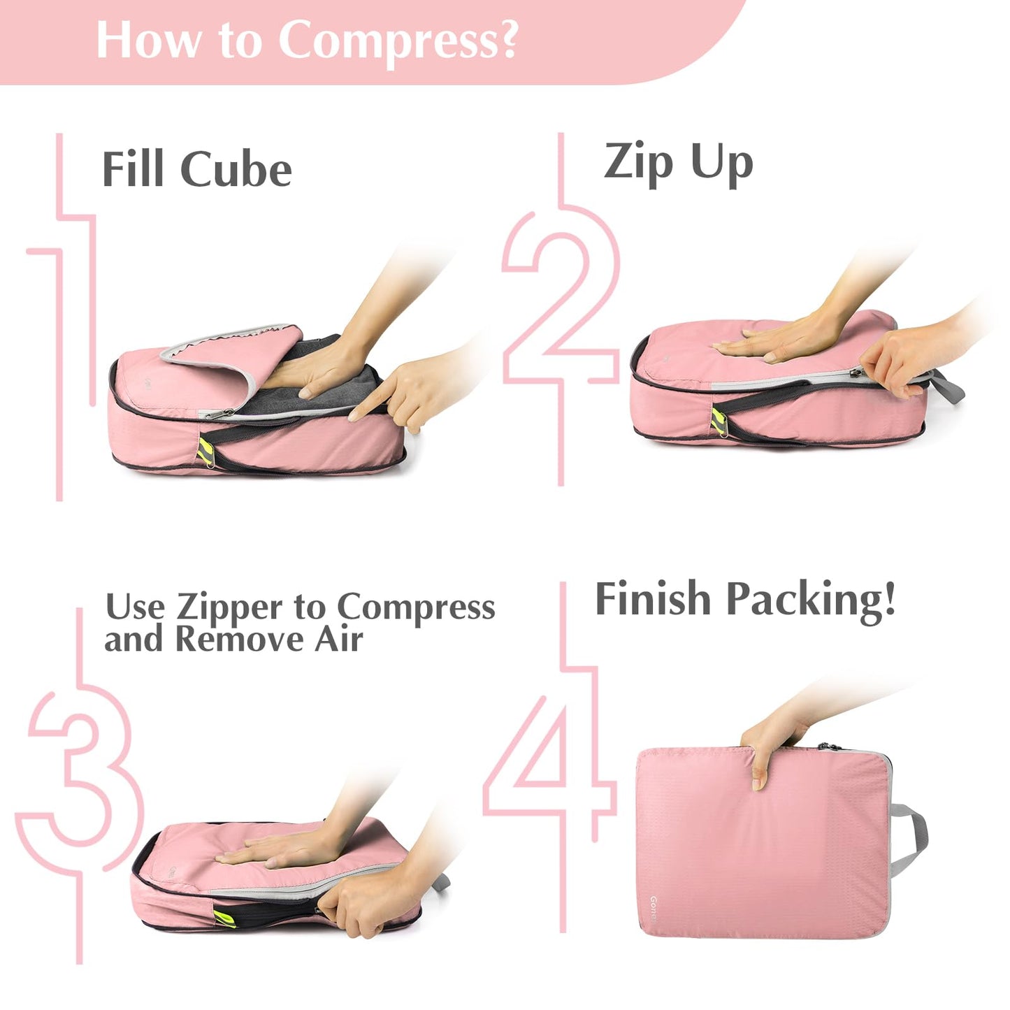 Gonex Compression Packing Cubes, 4pcs Expandable Storage Travel Luggage Bags Organizers (Pink)
