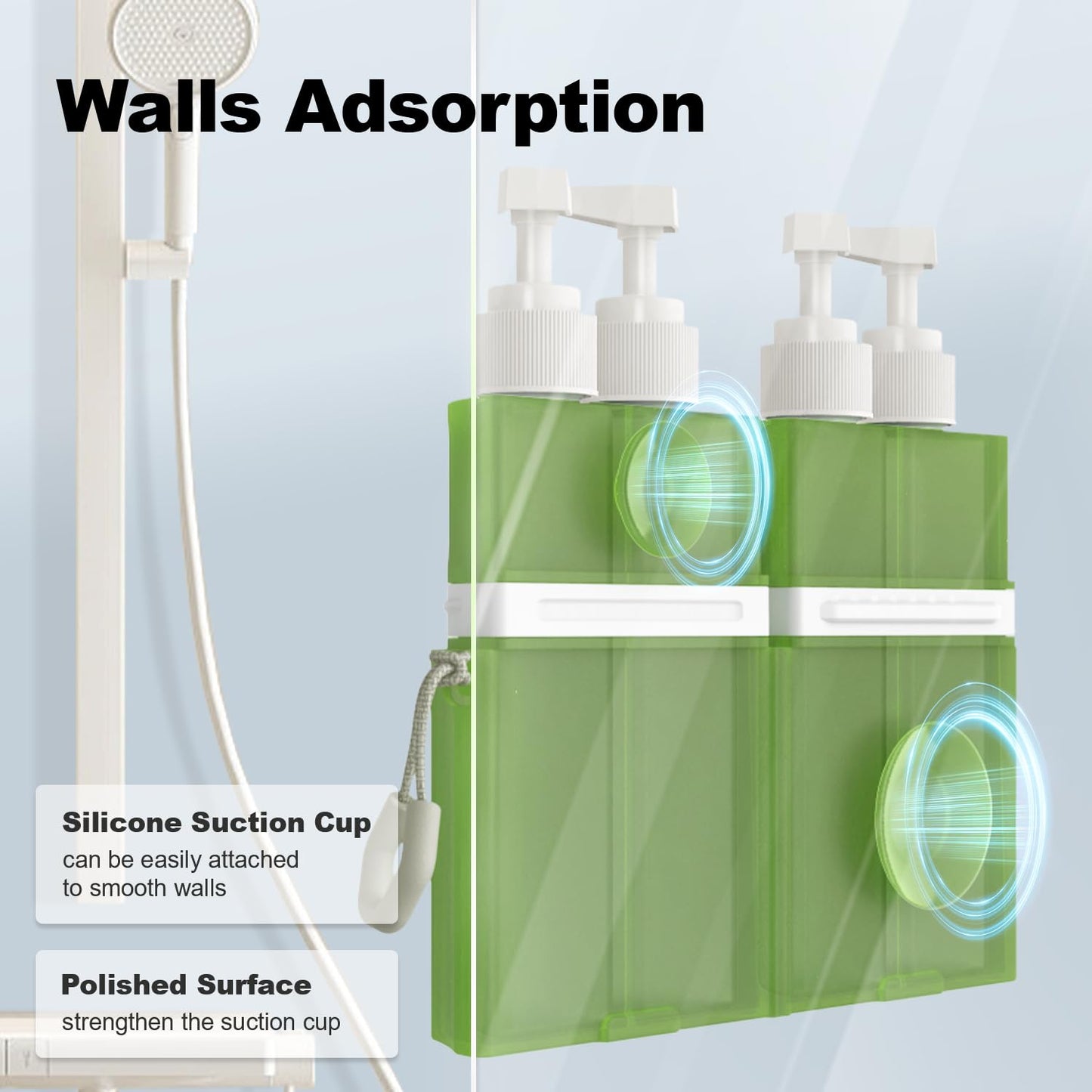 YOTIME 4in1 Travel Bottles Set, Vacuum Silicone Suction Cup for Smooth Walls, TSA Approved Leak Proof Travel Size Containers for Toiletries, Shampoo, Body Wash and Conditioner, Green