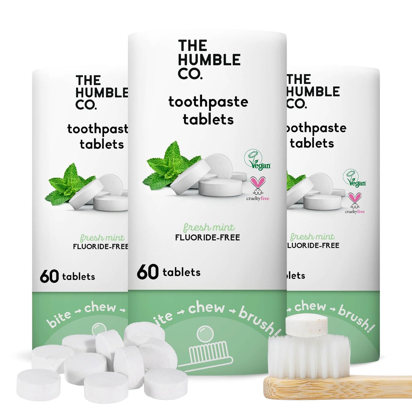 The Humble Co. Mint Toothpaste Tablets Fluoride-Free, 3pk - Anticavity, Fluoride Free Toothpaste Dental Tablets with Natural Ingredients, Dentist Developed Formula (Mint, 3 Pk)