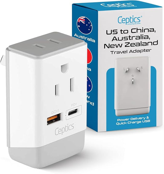Ceptics Australia China New Zealand Power Plug Adapter, QC 3.0 & PD - Safe Dual USB & USB-C - 2 USA Socket for USA to Australian New Zealand Fiji Argentina, Type I AP-16 Fast Charging