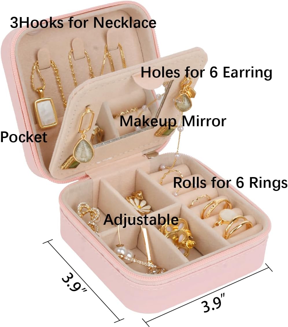 Travel Jewelry Case and Organizer with Mirror,Travel Jewelry Box Organizer Holder Stocking Stuffers,Pink,1 Pack