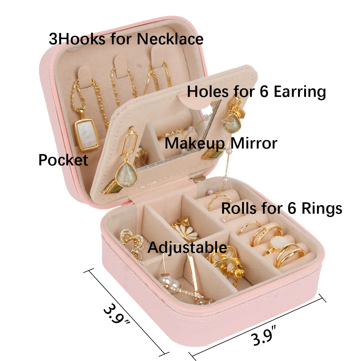 Travel Jewelry Case and Organizer with Mirror,Travel Jewelry Box Organizer Holder Stocking Stuffers,Pink,1 Pack