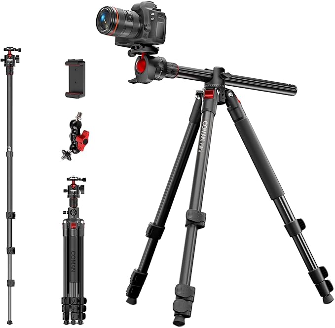 COMAN 72" Overhead Tripod, Camera Tripod with Center Column and 360 Degree Ball Head, Detachable Monopod with Arca QR Plate, Horizontal Tripod for Camera, DSLR, Max Load 5KG