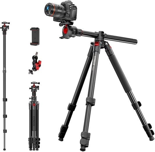 COMAN 72" Overhead Tripod, Camera Tripod with Center Column and 360 Degree Ball Head, Detachable Monopod with Arca QR Plate, Horizontal Tripod for Camera, DSLR, Max Load 5KG