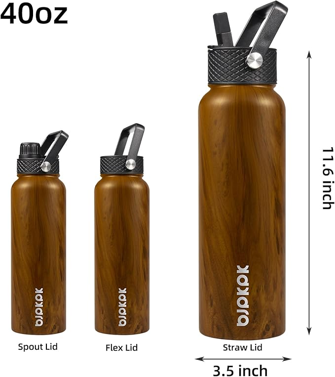 BJPKPK Insulated Water Bottles with Straw Lid, 40oz Stainless Steel Water Bottles with 3 Lids, BPA Free Leakproof Thermo, Tumblers, Cups for Sports, Gym- Teakwood
