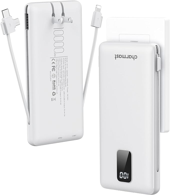 charmast Portable Charger with Built-in Cables and Plug, 10000mAh USB C Power Bank Fast Charging, External Battery Pack Slim, Travel Essentials Compatible with iPhones, Samsung Galaxy, iPad