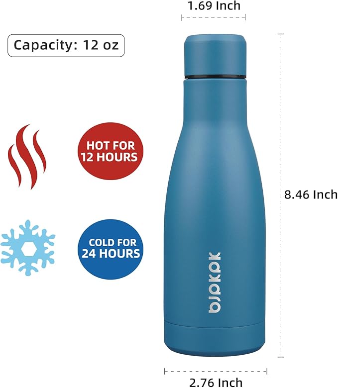 BJPKPK 12oz Water Bottles Stainless Steel Double Wall Vacuum Insulated Small Water Bottles for Travel,Sea Blue