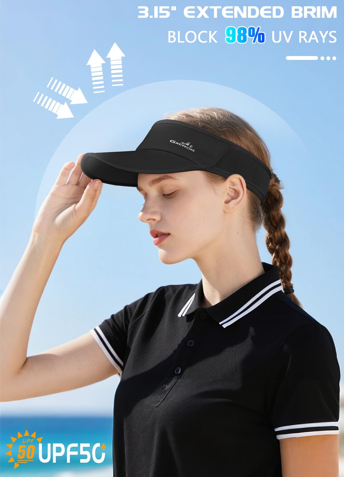 GXCROR Sports Sun Visor Hat Men Women, Lightweight Breathable Quick-Dry Visor Hat, UPF 50+ Tennis Golf Running Visor Black