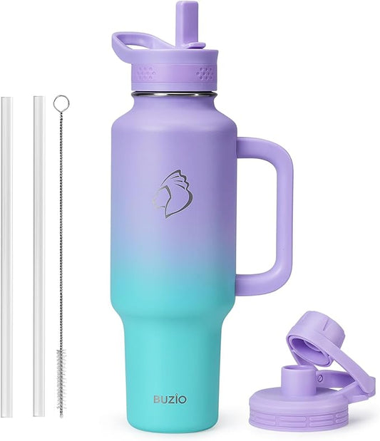 BUZIO Insulated Water Bottle Cup Holder Friendly, 40 oz Metal Travel Tumbler with Handle, Dishwasher Safe Thermo with Straw, Keep Cold for 48hrs, Dark Purple Green