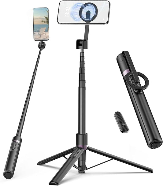 68" Magnetic Selfie Stick Tripod for iPhone,Portable Cell Phone Tripod Stand for Magsafe with Rechargeable Remote, 360° Rotation Aluminum Phone Holder for Video Recording/Live Stream/Travel Black