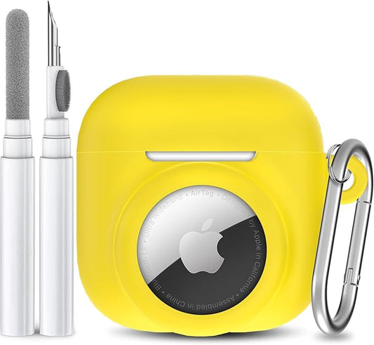 2 in 1 Silicone Case Compatible with AirPod 4 and AirTag, Shockproof Protective Skin Cover for AirPods 4th Generation with Cleaner Kit & Carabiner (Yellow)