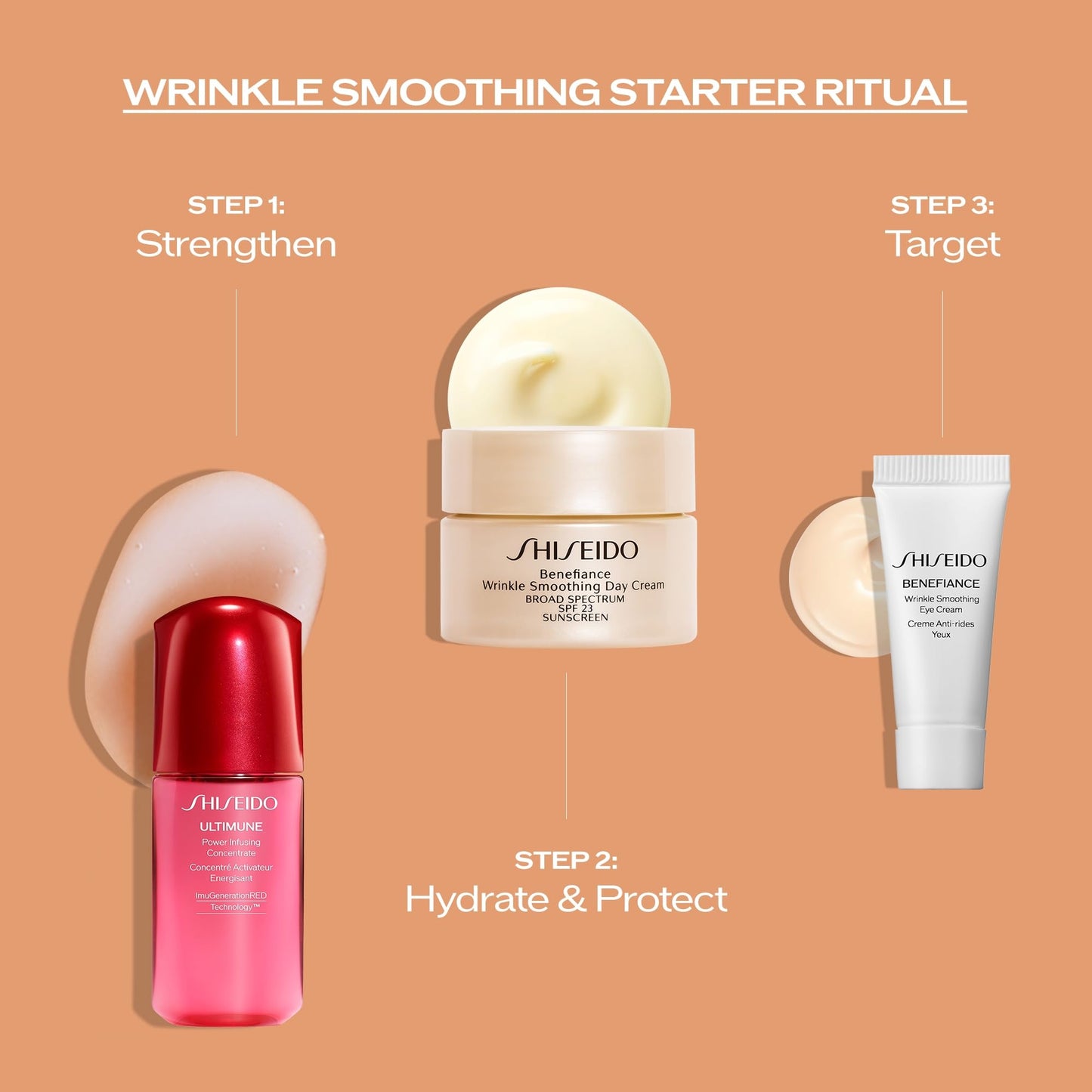 Shiseido Wrinkle Smoothing Starter Set - Includes Ultimune Power Infusing Concentrate (10mL), Benefiance Wrinkle Smoothing Day Cream SPF 23 (30mL) & Eye Cream (5mL)