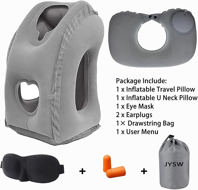 Inflatable Travel Pillow,U-Shaped JYSW Portable Airplane Pillow Multifunctional Neck and Head Support Lap Pillow for Airplanes Trains Buses and Office Napping with Eye Mask, Earplugs, Grey