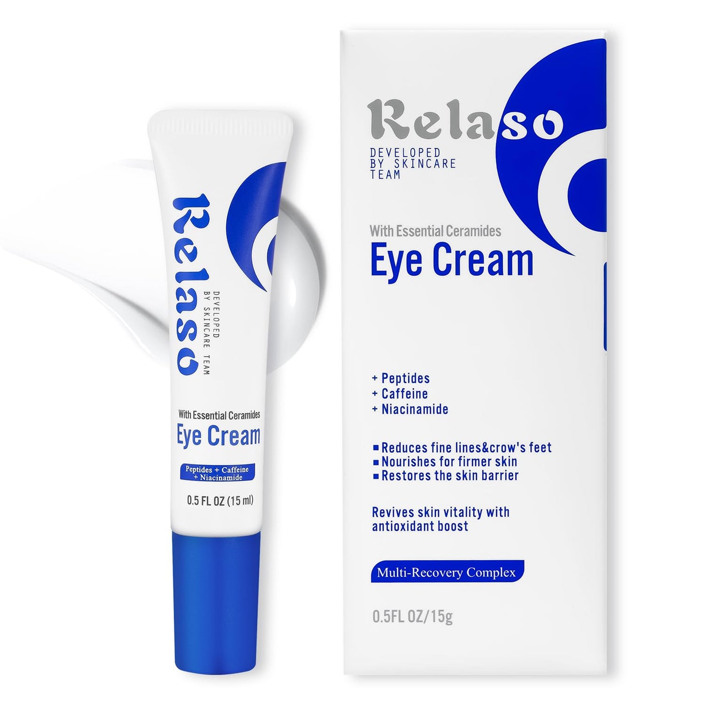 Relaso Eye Cream for Wrinkles & Crows Feet - with Essential Ceramides, Peptides & Caffeine & Niacinamide - Reduce Puffiness & Bags Under Eyes, Under Eye Cream for Women & Men, 0.5 Oz