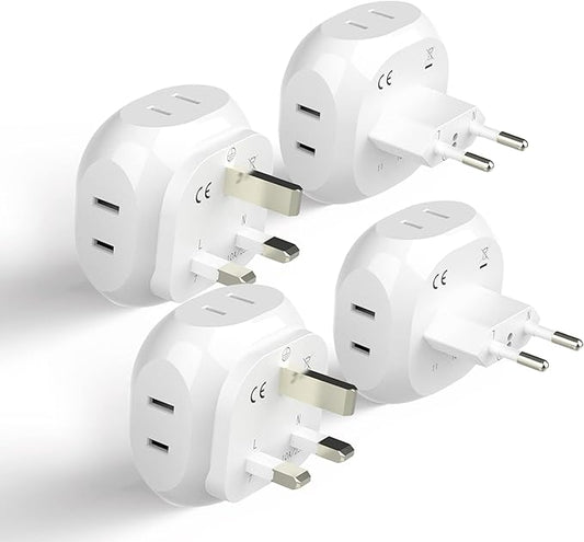 Ceptics Europe Travel Adapter Plug Set Schuko - 4 Input - Ultra Compact - Light Weight Type C, Type G - USA to Any Type C, G Countries UK, Ireland, Germany, France - 4 Pack (PT-9C-7-4PK),White