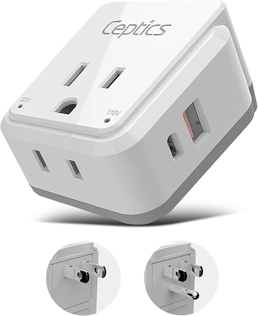 Ceptics Japan, Philippines Power Travel Plug Adapter Set, 20W PD & QC, Safe Dual USB & USB-C 3.1A - 2 USA Socket - Compact - Use in USA, Bahamas, Canada Includes Type A, Type B Swadapt Attachments