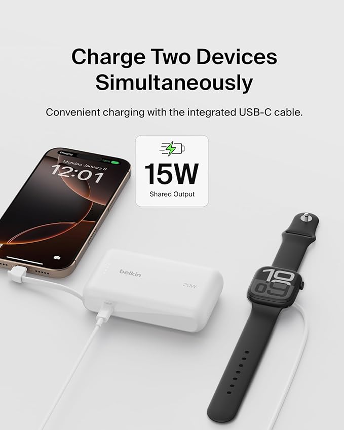 Belkin Portable Charger, Power Bank with Integrated Cable 10000 mAh 20W - Fast Charge USB C Power Delivery, iPhone Charger - iPhone 17, Air, Pro, Pro Max, iPad, Galaxy S25, & More - White