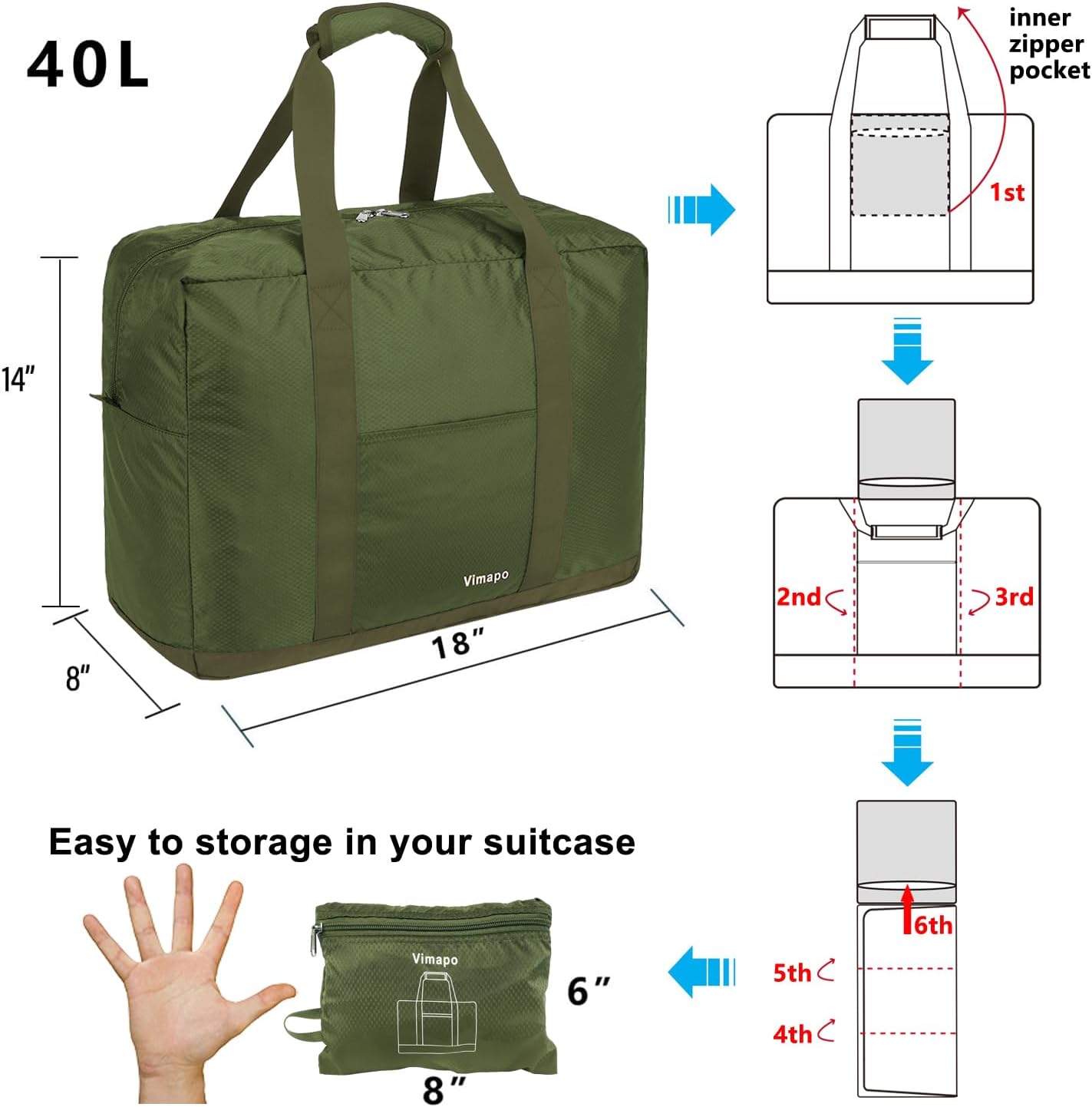 Vimapo Foldable Travel Duffle Bag with Trolley Sleeve 40L - 18x14x8 inches Airline Underseat Lightweight Travel Bag - Packable Ripstop Nylon Carry on Bag (Army Green)