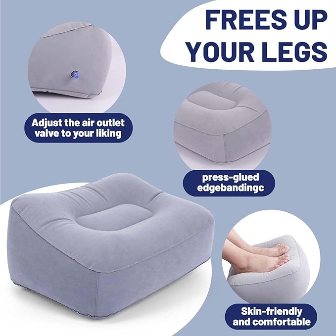 Inflatable Foot Rest Pillow for Air Travel, Airplane Foot Rest Pillow, Adjustable Height Leg Pillow Airplane Bed for Kids Toddler Suitable for Plane, Car, Train (Gray) 2count