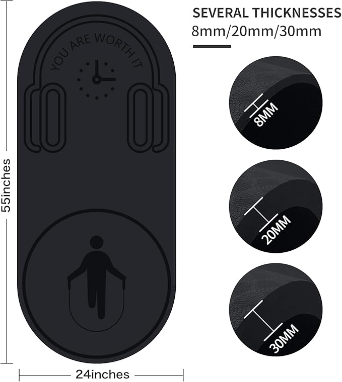8/20/30mm Jump Rope Mat Fitness Exercise Mat Durable, Non-Slip, Workout Mats with Jump Rope & Carrying Bag for Home Gym Flooring (55"x 24")