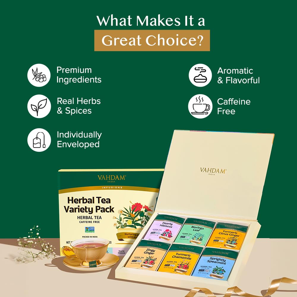 VAHDAM, Herbal Tea Sampler (36 Tea Bags, 6 Flavors) Caffeine-Free, Non-GMO | Assorted Tea Sampler - Turmeric Citrus Ginger, Turmeric Chamomile, Hibiscus, Moringa, Spearmint, Ginger | Gifts for Him/Her
