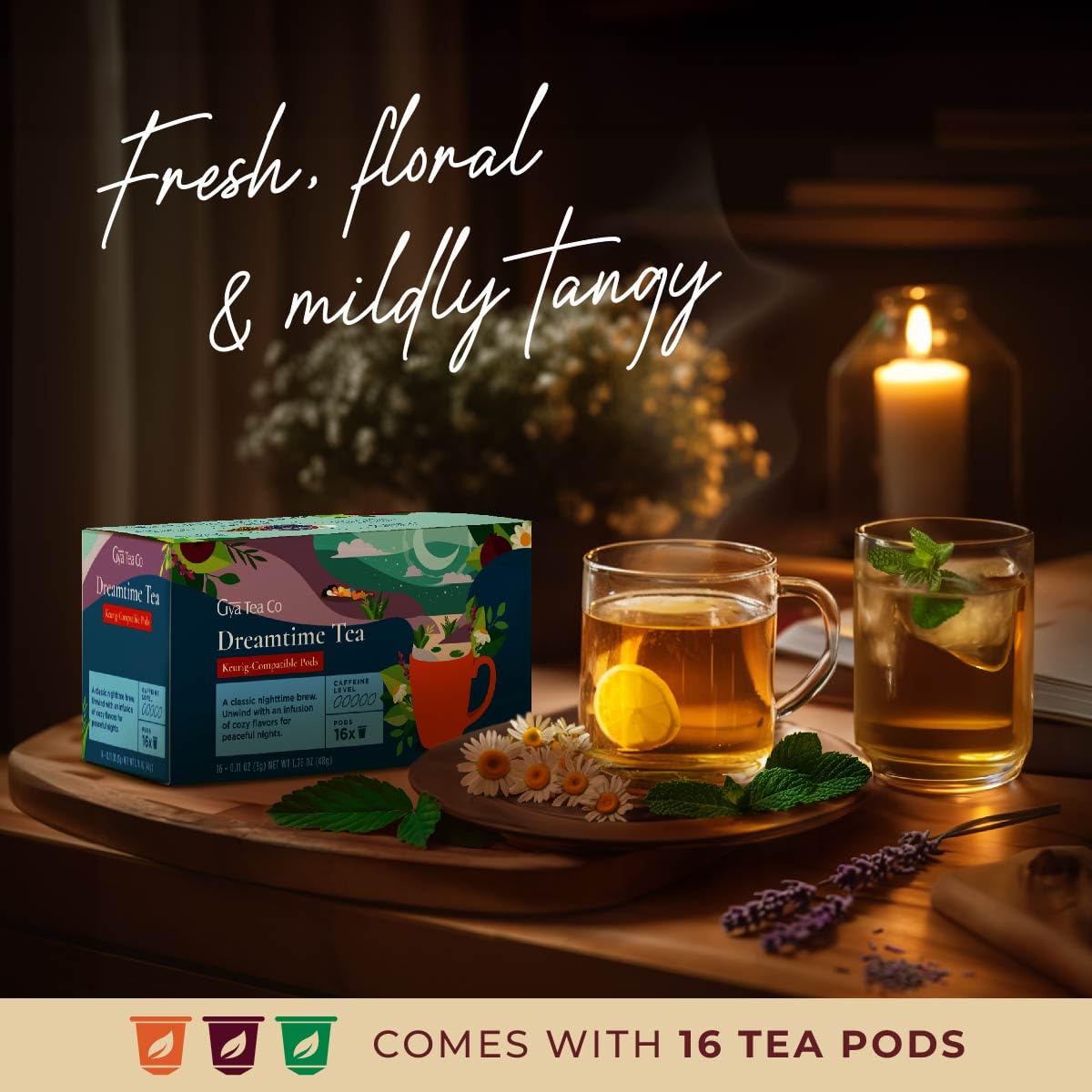 Gya Tea Co Dreamtime Herbal Tea Pod (16 ct) - Decaf Soothing Tea Blend of Chamomile & Lavender for Good Night's Rest of Calming & Relaxing