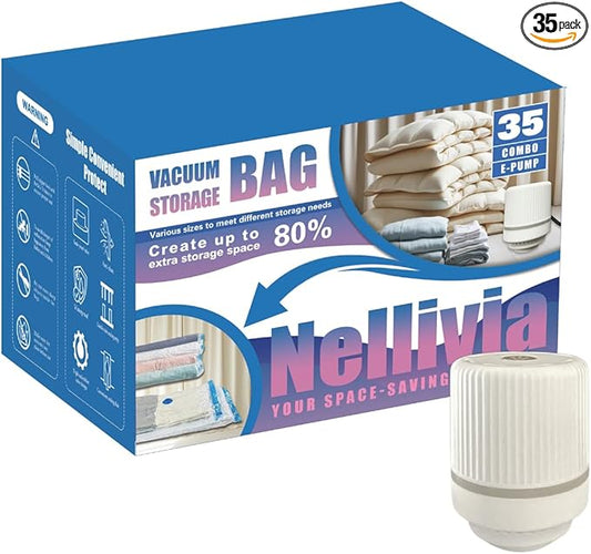 35 Pack Vacuum Storage Bags with Electric Pump, Compression Space Saver for Comforters, Bedding, Blanket Storage, Vacuum Seal Bags for Clothing, Luggage and Closet Organizer