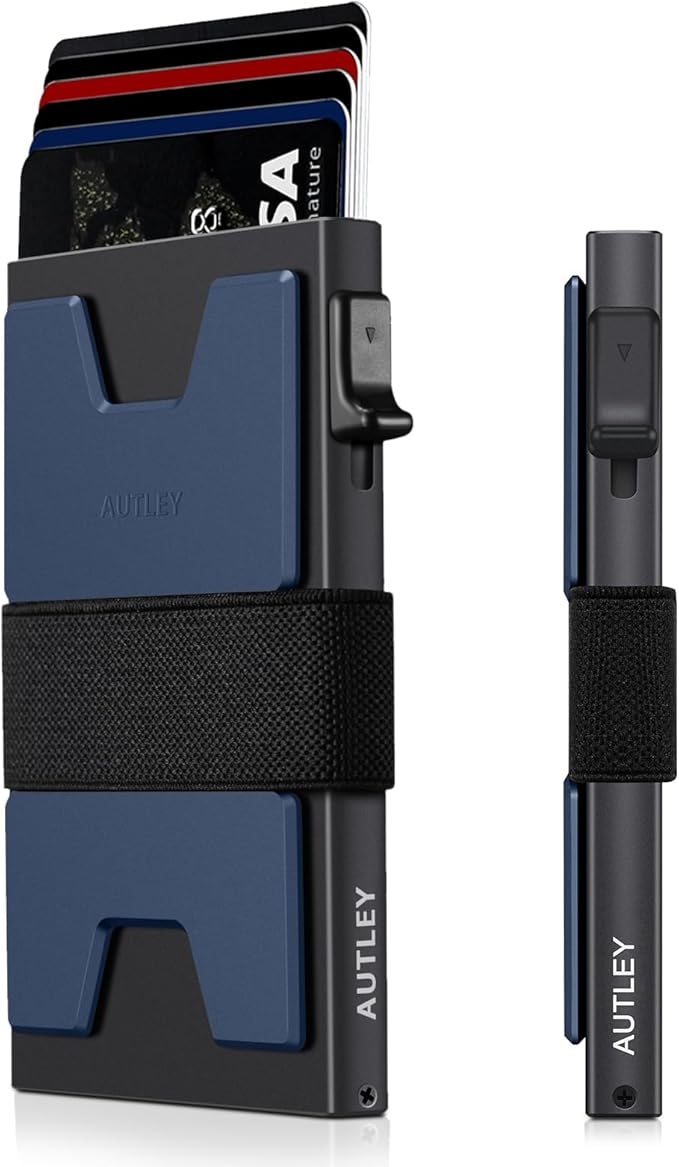 AUTLEY Slim Wallet For Men, Rfid Blocking Mens Wallet, Minimalist Wallet For Men, Pop Up Credit Card Holder with Cash Band (Blue+Black)