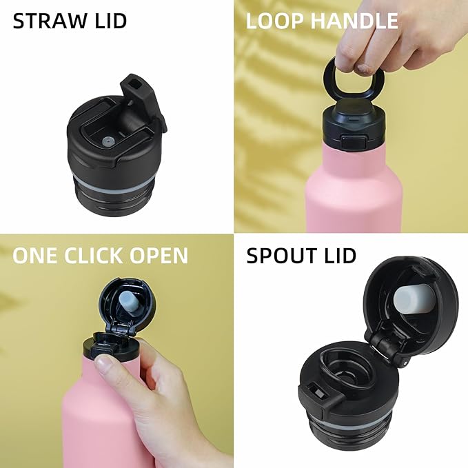 BJPKPK Insulated Water Bottle With Straw 17oz Stainless Steel Water Bottles With 2 Lids And Carry Handle Reusable Travel Metal Thermo,Light Pink