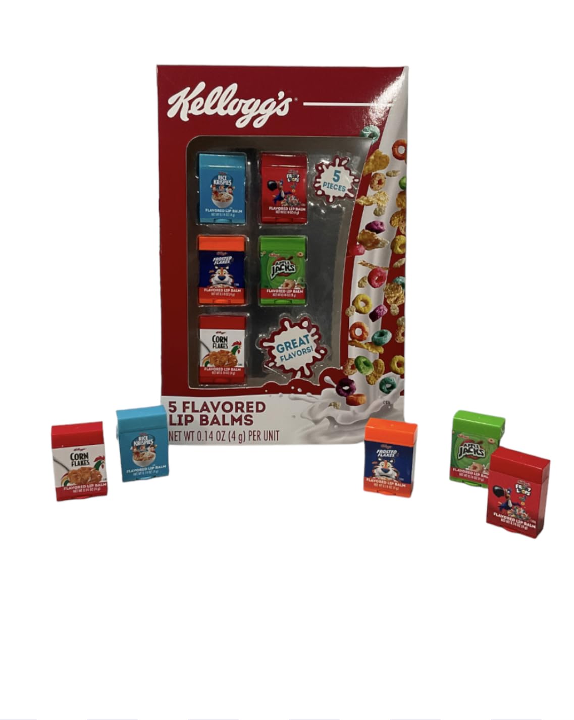 Taste Beauty 5-Piece Kelloggs Cereal Flavored Lip Balm Vending Machine Set, Cute Cereal Box Shaped Balms, Includes Corn Flakes, Rice Krispies, Frosted Flakes, Apple Jacks, & Fruit Loops