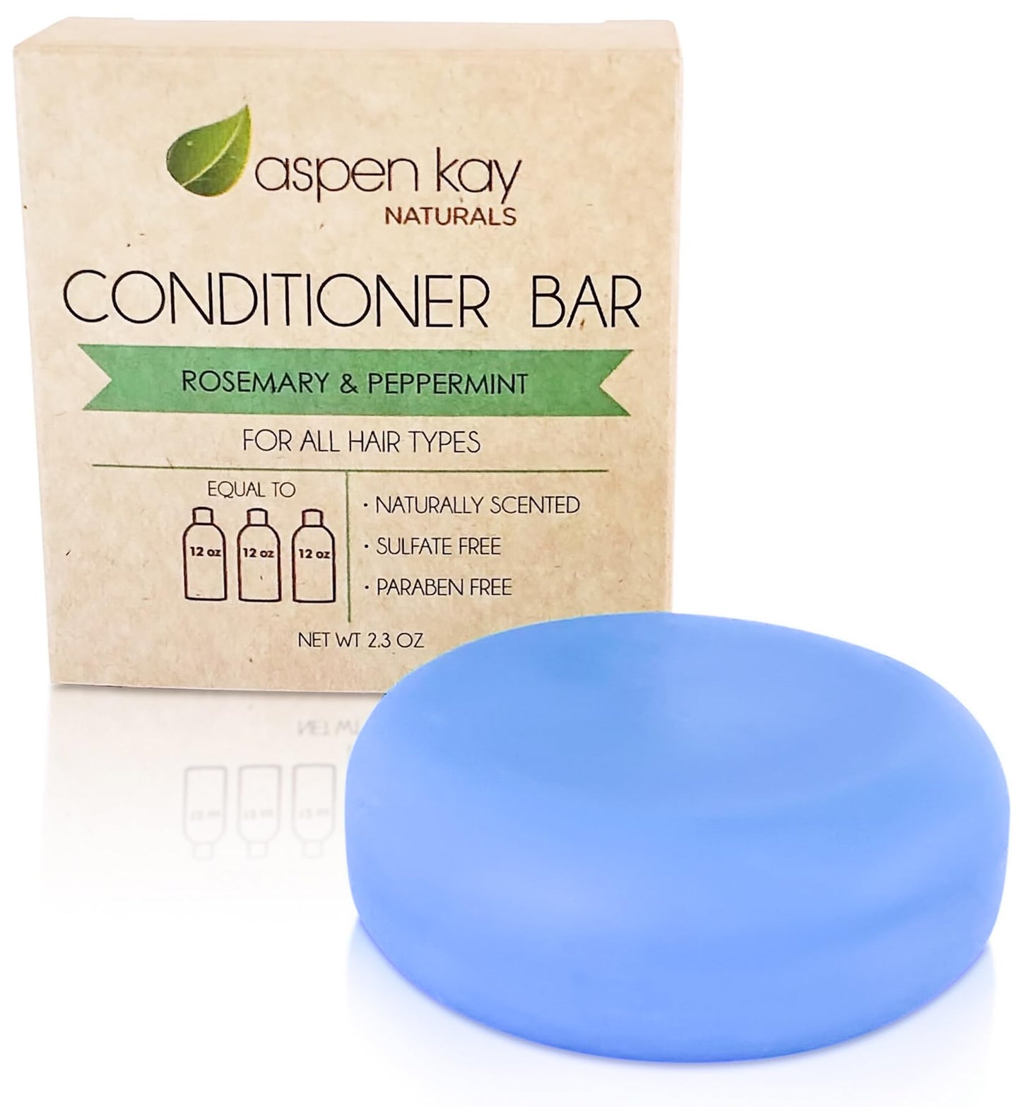 Aspen Kay Naturals Conditioner Bar, Made With Natural & Organic Ingredients, All Hair Types including frizzy hair, 2.3 Ounce Bar. (Rosemary & Peppermint)